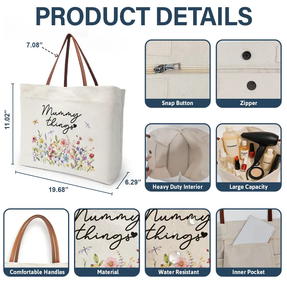 Gift For Women, Happy, Gift For Yourself - Grandma Things Grandma Getaway Bag Wild Flowers - Personalized Leather Handle Tote Bag