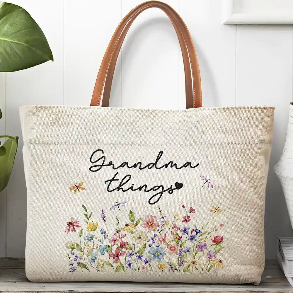 Gift For Women, Happy, Gift For Yourself - Grandma Things Grandma Getaway Bag Wild Flowers - Personalized Leather Handle Tote Bag