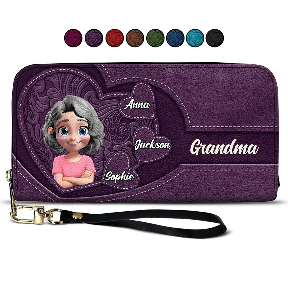 Grandma Mother And Her Sweethearts - Personalized Leather Long Wallet