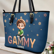 Gift For Mother, Gift For Grandma, Happy, Gift For Wife - Grandma Grandkid Cartoon - Personalized Leather Tote Bag