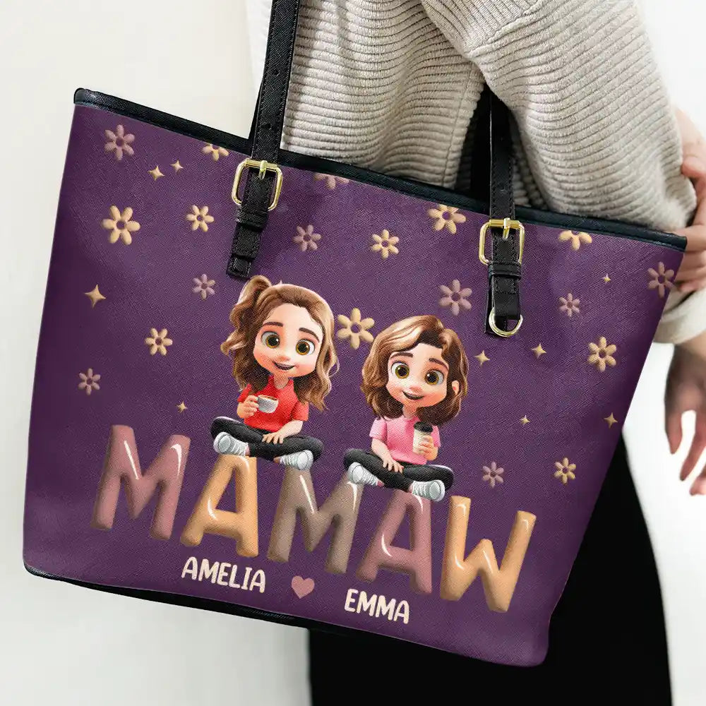 Gift For Mother, Gift For Grandma, Happy, Gift For Wife - Grandma Grandkid Cartoon - Personalized Leather Tote Bag