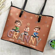 Gift For Mother, Gift For Grandma, Happy, Gift For Wife - Grandma Grandkid Cartoon - Personalized Leather Tote Bag