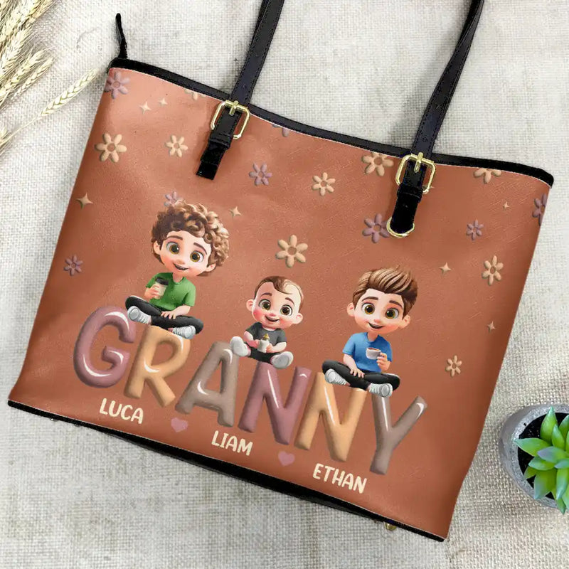 Gift For Mother, Gift For Grandma, Happy, Gift For Wife - Grandma Grandkid Cartoon - Personalized Leather Tote Bag