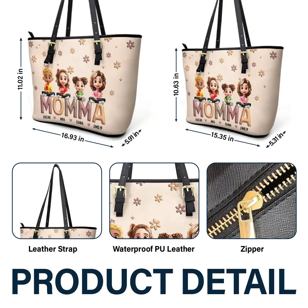 Gift For Mother, Gift For Grandma, Happy, Gift For Wife - Grandma Grandkid Cartoon - Personalized Leather Tote Bag