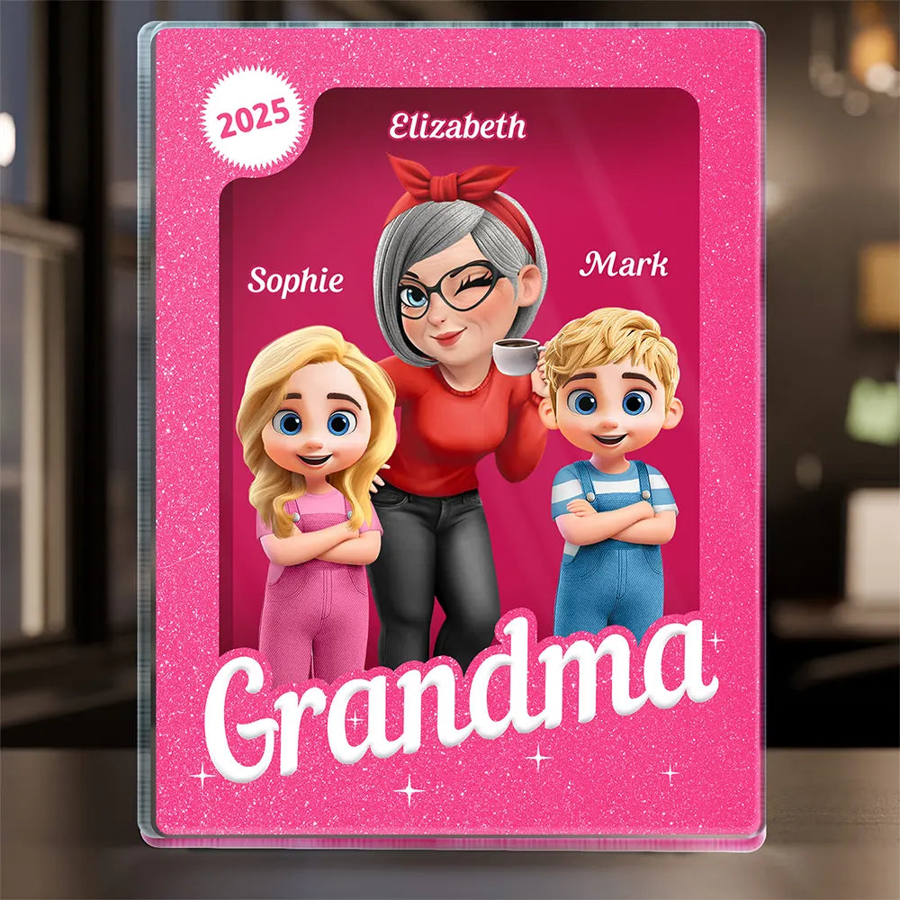 Grandma Grandkids 3D Effect Pink Action Figure - Personalized Custom Shaped Acrylic Plaque