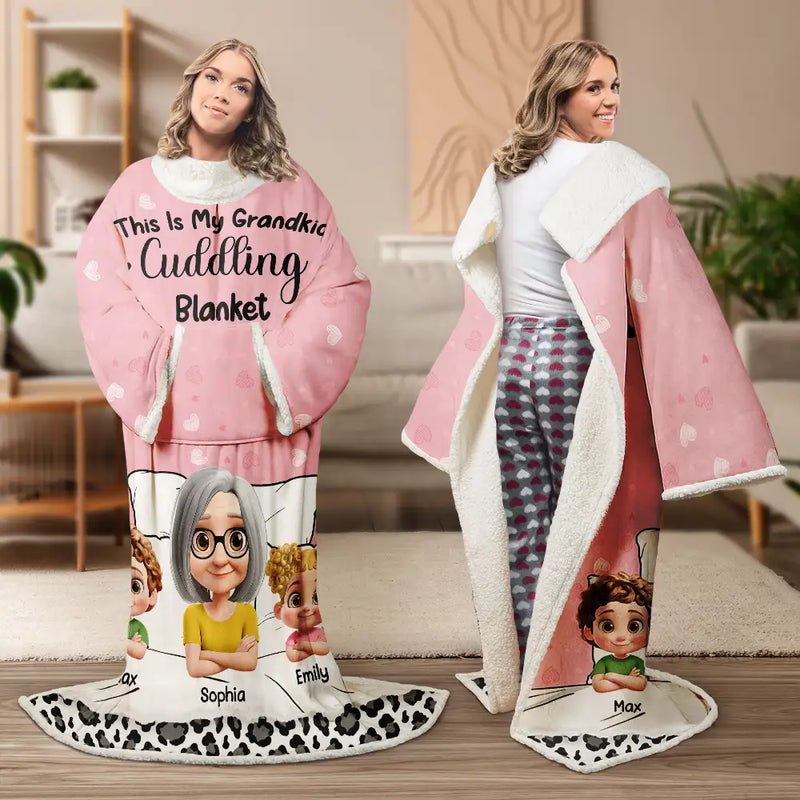 Gift For Grandma, Gift For Grandpa, Happy - Grandma Grandpa My Grandkid Cuddling - Personalized Wearable Blanket With Sleeves
