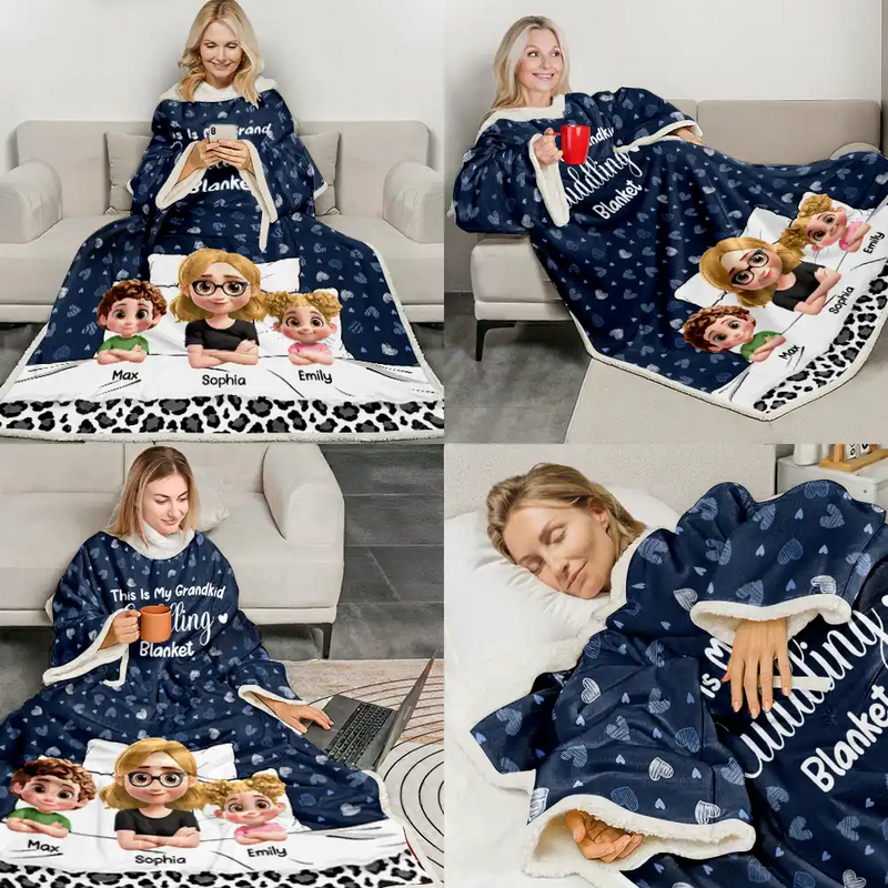 Gift For Grandma, Gift For Grandpa, Happy - Grandma Grandpa My Grandkid Cuddling - Personalized Wearable Blanket With Sleeves