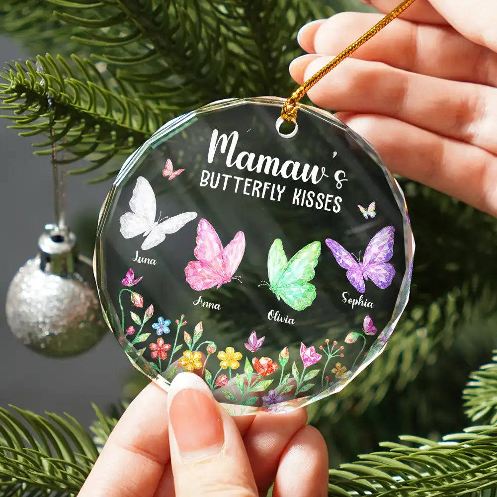 Grandma,Grandkids,Gift For Grandkids,Gift For Grandma,Top Market,Love,Christmas -  Grandma Kisses Crystal Effect Butterflies - Personalized Circle Glass Ornament