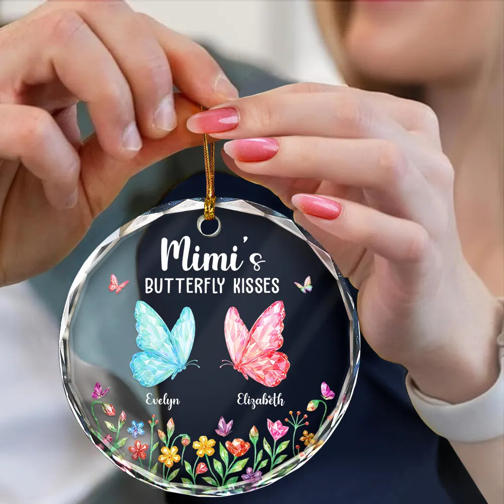 Grandma,Grandkids,Gift For Grandkids,Gift For Grandma,Top Market,Love,Christmas -  Grandma Kisses Crystal Effect Butterflies - Personalized Circle Glass Ornament