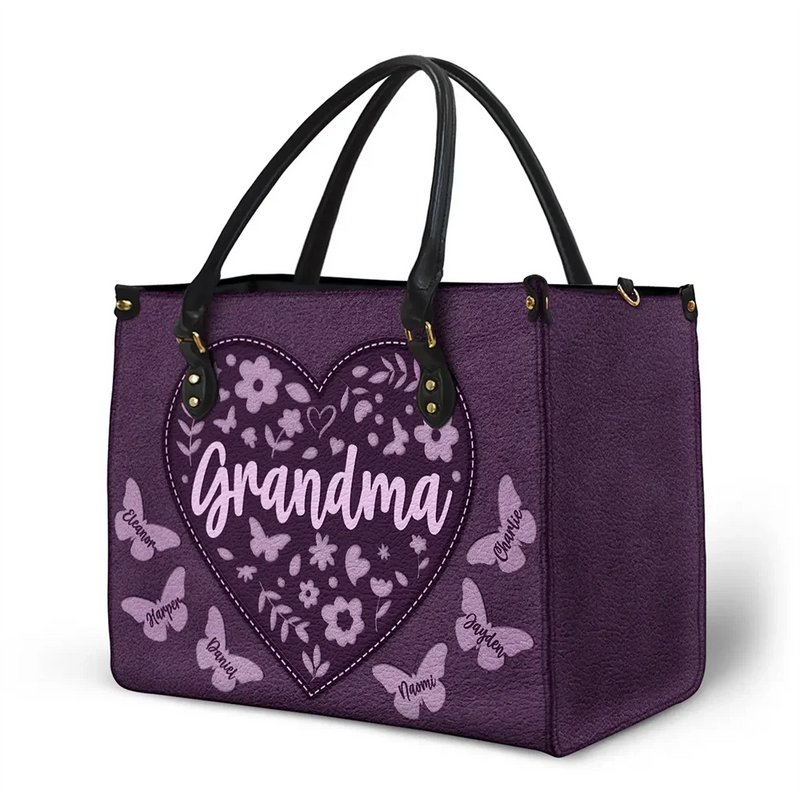 Gift For Mother,Gift For Grandma,Happy,Grandma,Grandkids - Mommy Grandma Leather Floral - Personalized Leather Bag
