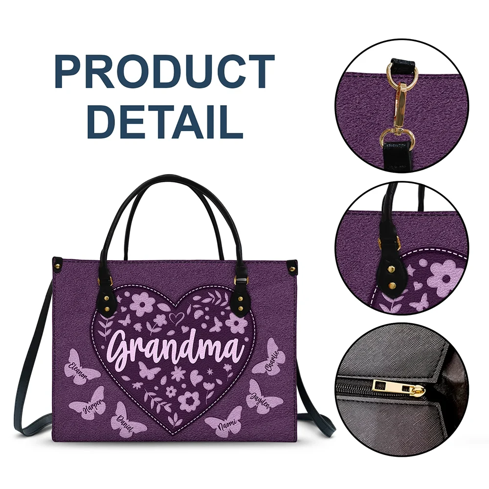 Gift For Mother,Gift For Grandma,Happy,Grandma,Grandkids - Mommy Grandma Leather Floral - Personalized Leather Bag
