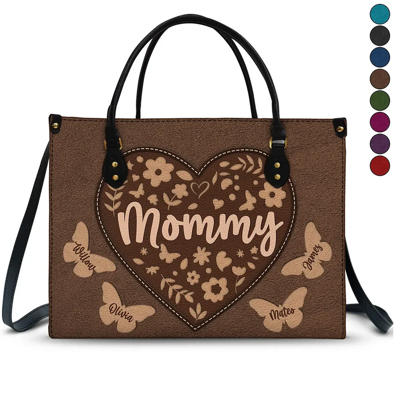 Gift For Mother,Gift For Grandma,Happy,Grandma,Grandkids - Mommy Grandma Leather Floral - Personalized Leather Bag
