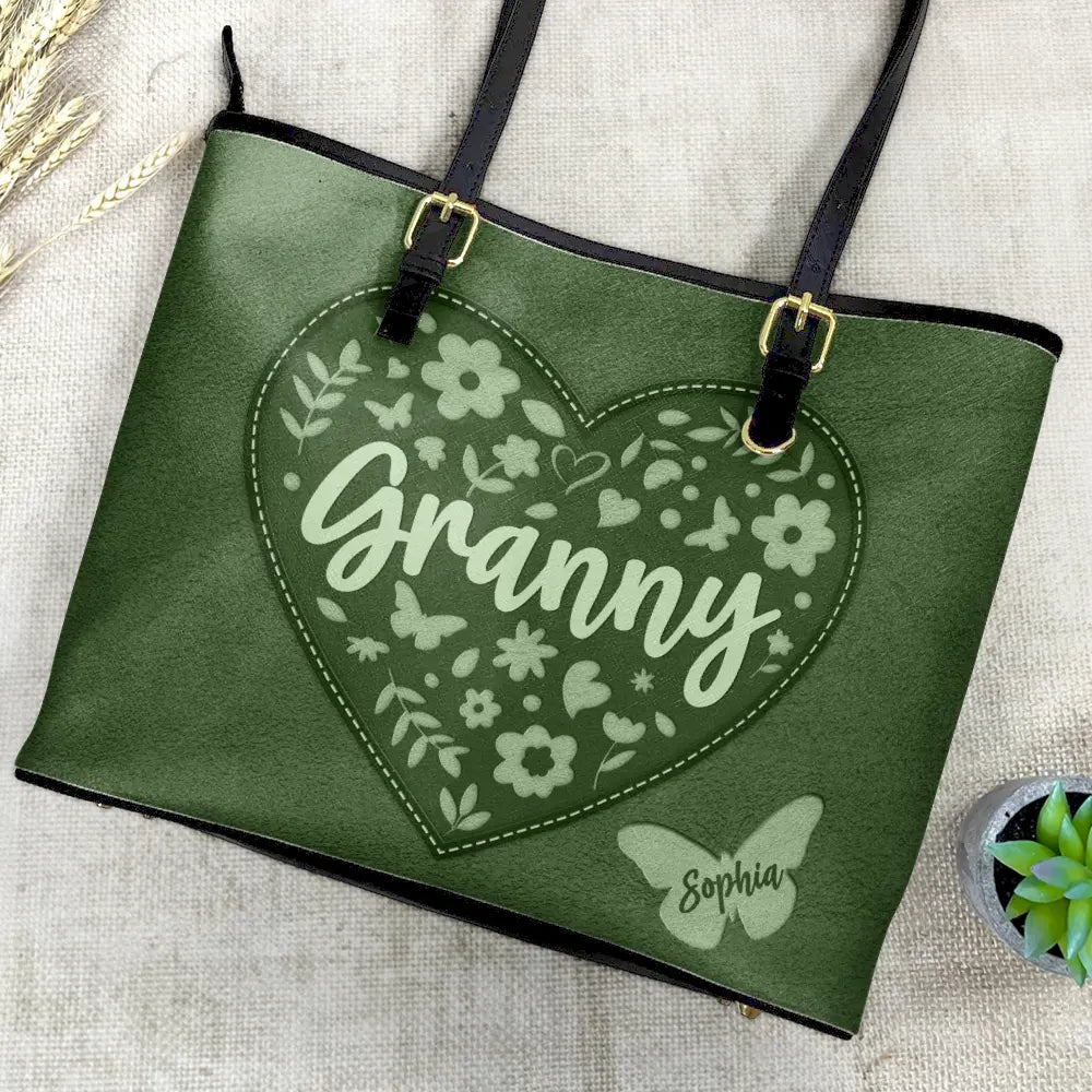 Gift For Grandma, Gift For Mother, Happy - Grandma Leather Floral - Personalized Leather Tote Bag