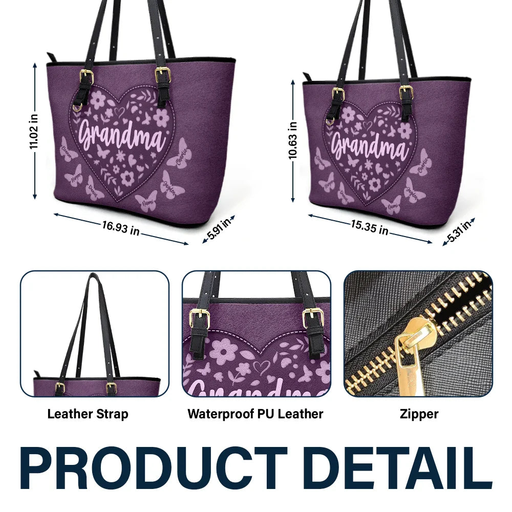 Gift For Grandma, Gift For Mother, Happy - Grandma Leather Floral - Personalized Leather Tote Bag