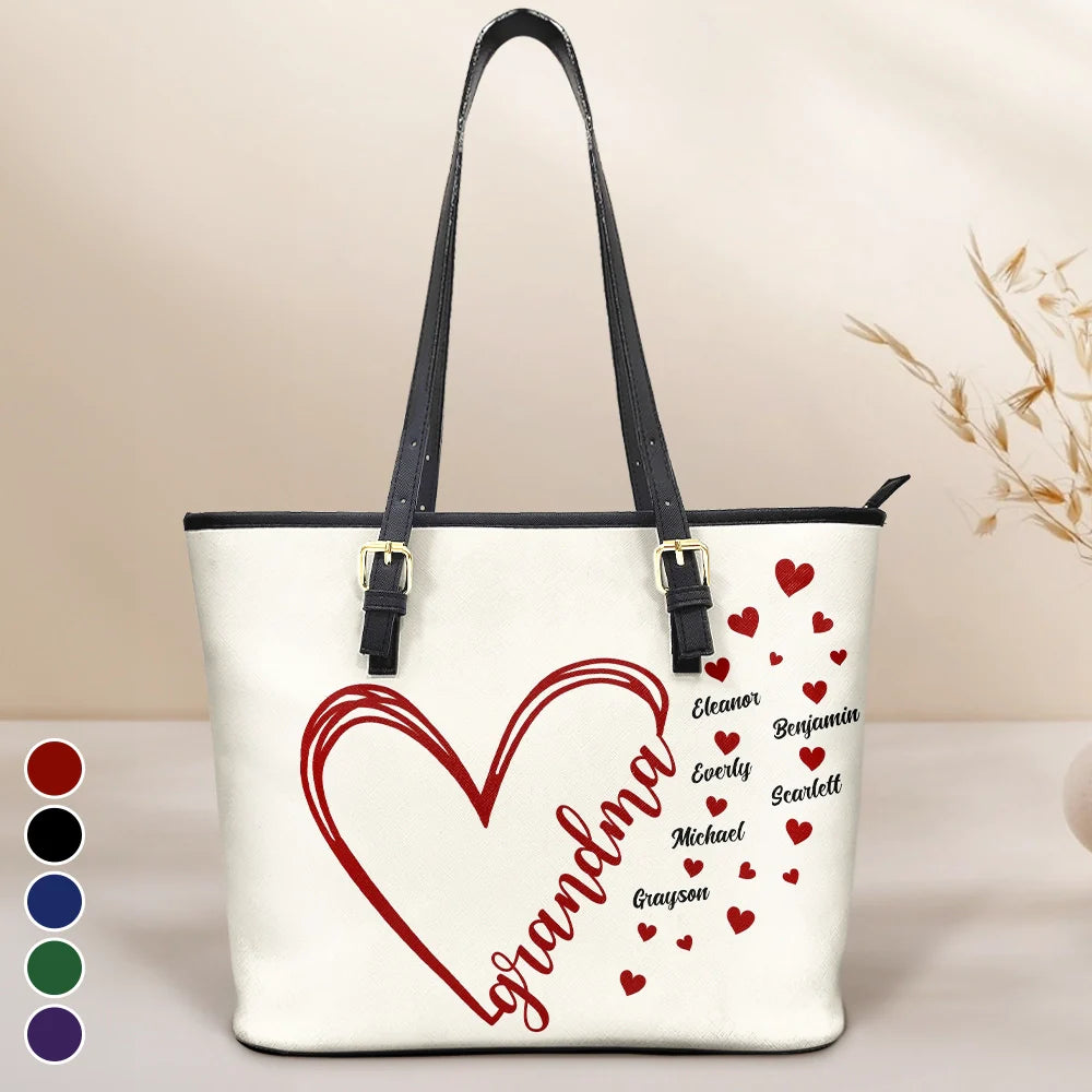 Gift For Mother, Gift For Grandma, Happy - Grandma Little Hearts - Personalized Leather Tote Bag
