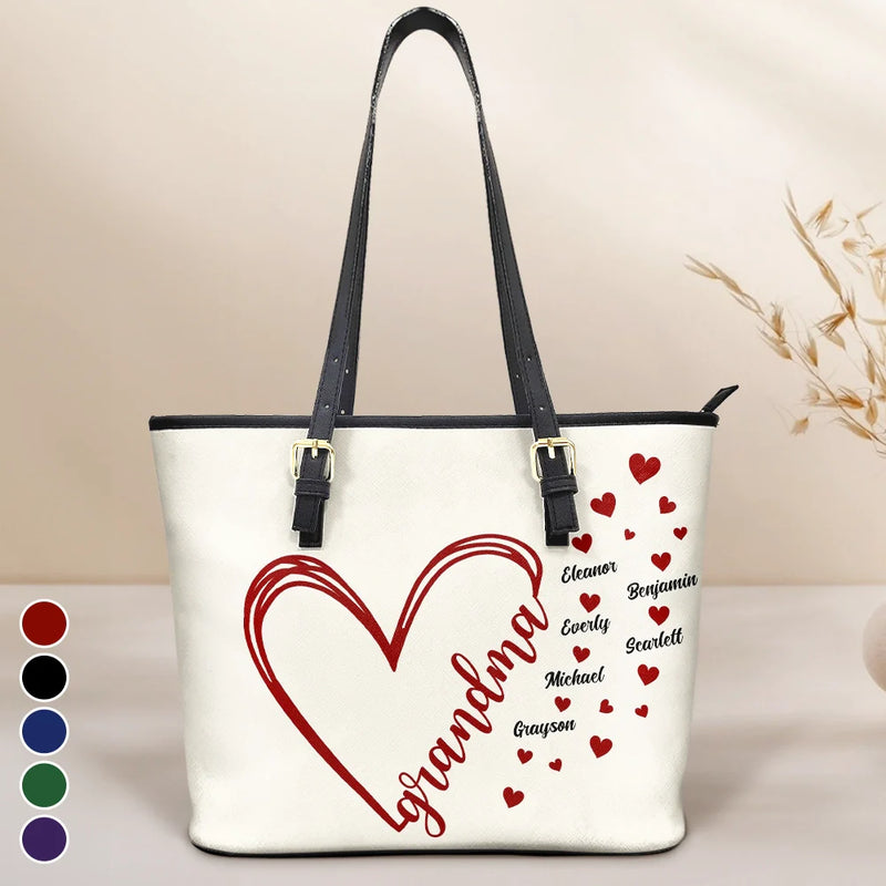 Gift For Mother, Gift For Grandma, Happy - Grandma Little Hearts - Personalized Leather Tote Bag