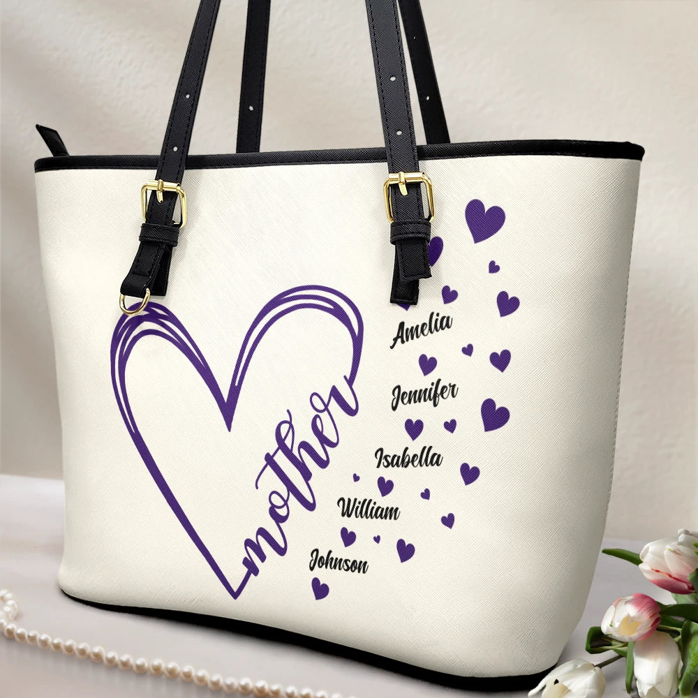 Gift For Mother, Gift For Grandma, Happy - Grandma Little Hearts - Personalized Leather Tote Bag