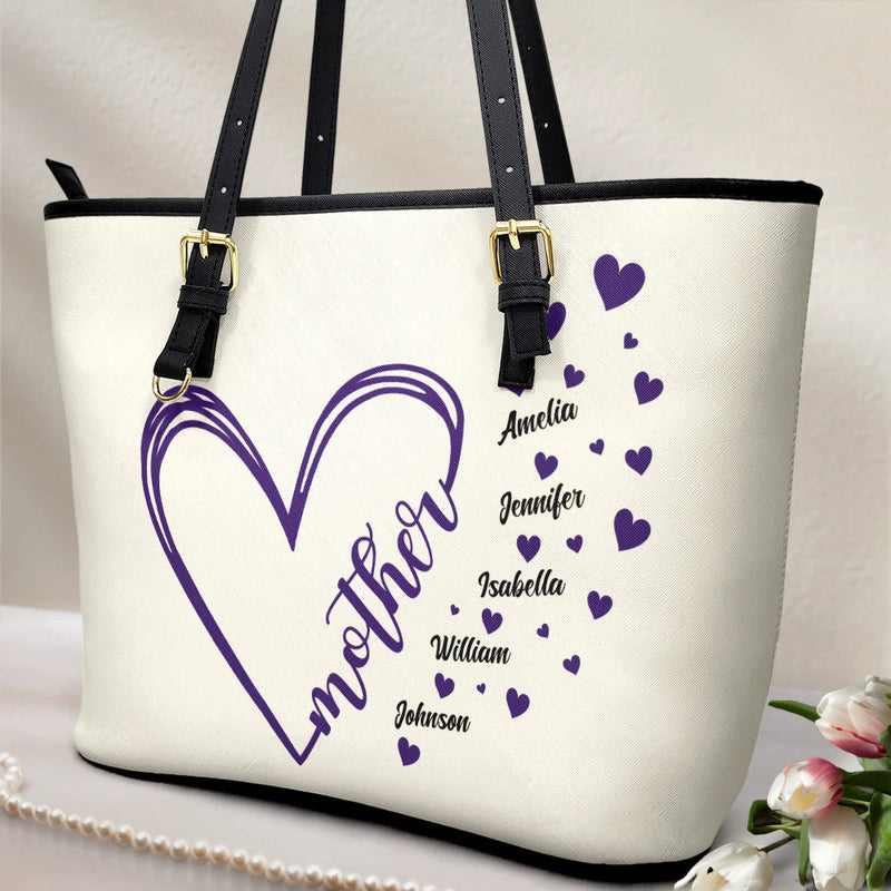 Gift For Mother, Gift For Grandma, Happy - Grandma Little Hearts - Personalized Leather Tote Bag