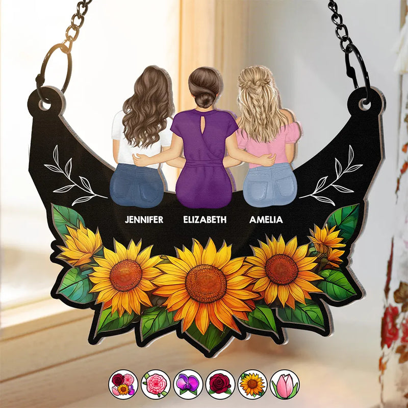 Gift For Yourself, Gift For Women, Gift For Mother, Mom - Daughters (Adult), Mom - Daughters (Young), Mom - Sons, Mom - Children, Gift For Grandma, Grandma - Grandkids, Love, Afro Mom - Grandma Mom And Children Sitting On Floral Moon - Personalized Window Hanging Suncatcher Ornament