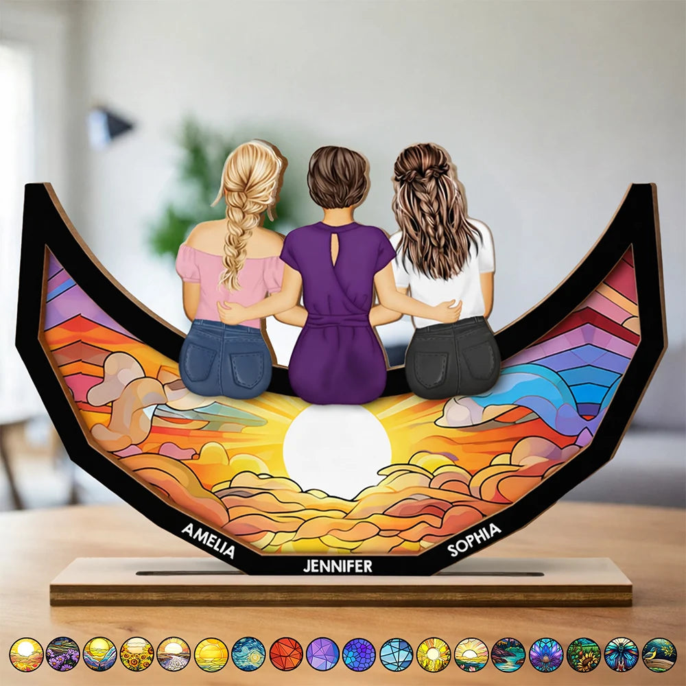 Grandma Mom And Children Sitting On The Moon - Personalized Custom Shaped 2-Layered Wooden Plaque