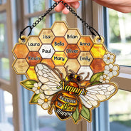 Gift For Grandma,Grandma - Grandkids,Happy - Grandma Mom Bee Stained Glass Effect - Personalized Window Hanging Suncatcher Ornament