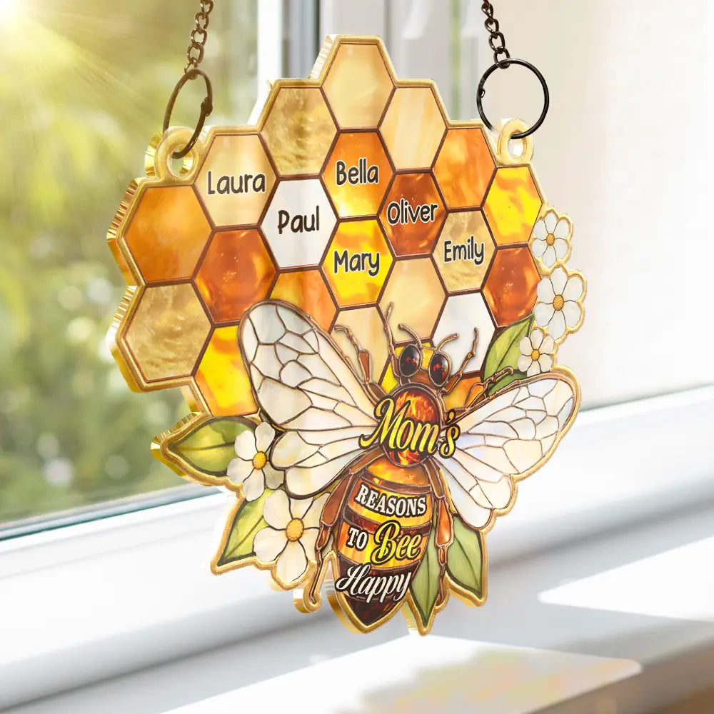 Gift For Grandma,Grandma - Grandkids,Happy - Grandma Mom Bee Stained Glass Effect - Personalized Window Hanging Suncatcher Ornament