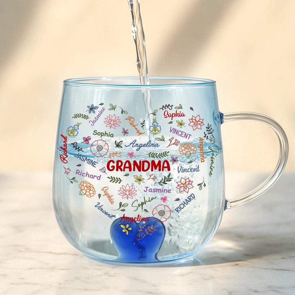 Gift For Grandma, Gift For Mother, Love, Happy - Grandma Mom Birth Flower Blooming In Love - Personalized Gradient Glass Mug