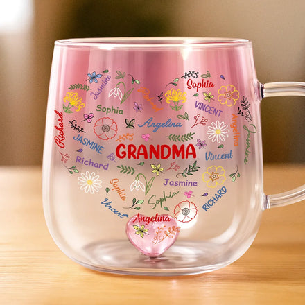 Grandma Mom Birth Flower Blooming In Love - Personalized Gradient Glass Mug