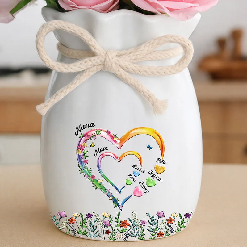 Gift For Grandma, Gift For Mother, Love - Grandma Mom Sweethearts 3D Effect Faux Ceramic Glaze - Personalized Ribbon Tie Flower Vase