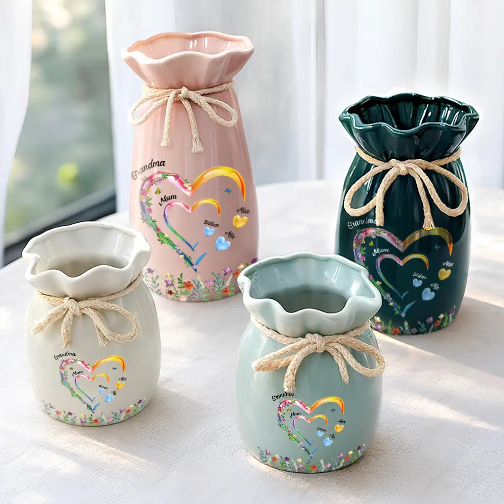 Gift For Grandma, Gift For Mother, Love - Grandma Mom Sweethearts 3D Effect Faux Ceramic Glaze - Personalized Ribbon Tie Flower Vase