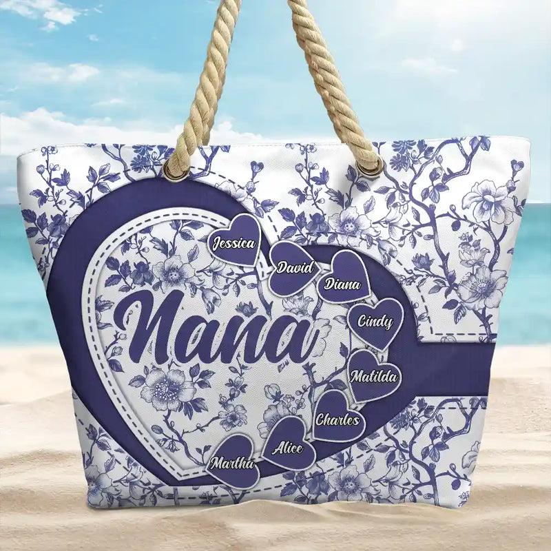 Gift For Mother, Gift For Grandma, Happy - Grandma Mom Toile De Jouy - Personalized Beach Bag
