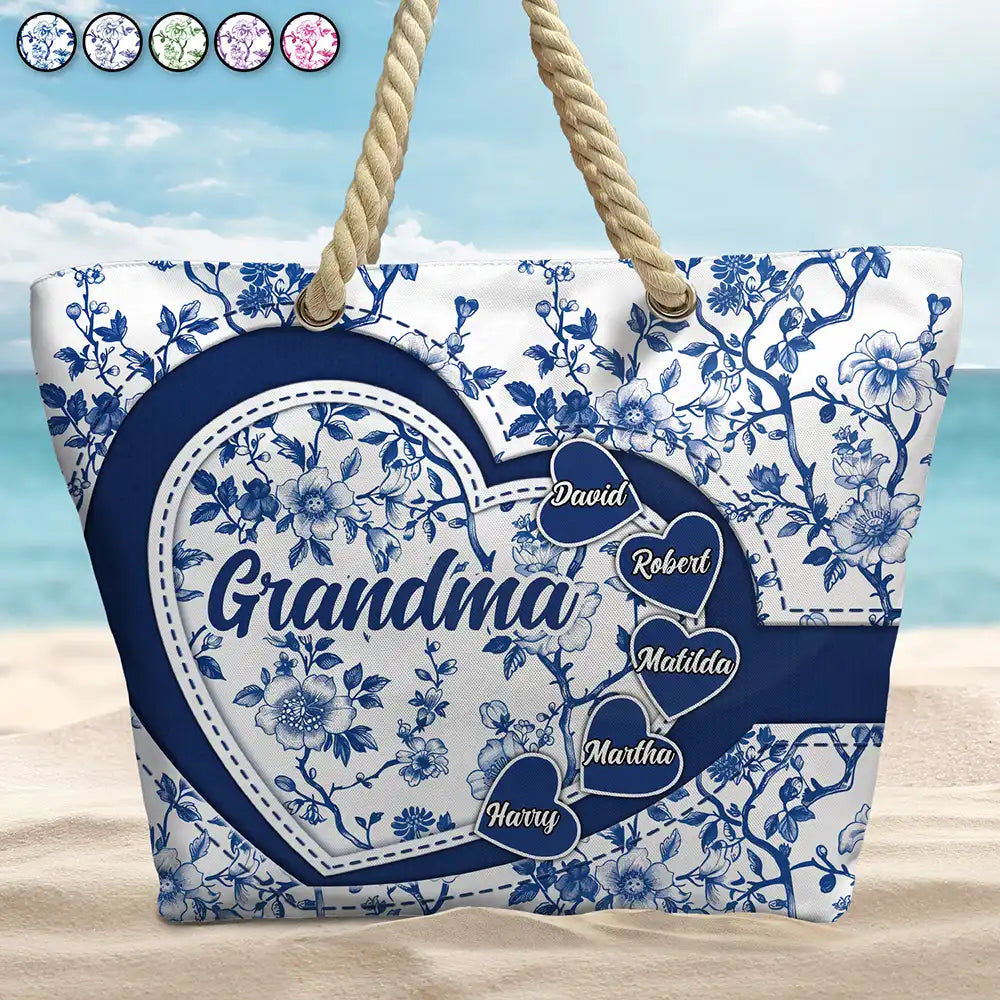 Gift For Mother, Gift For Grandma, Happy - Grandma Mom Toile De Jouy - Personalized Beach Bag