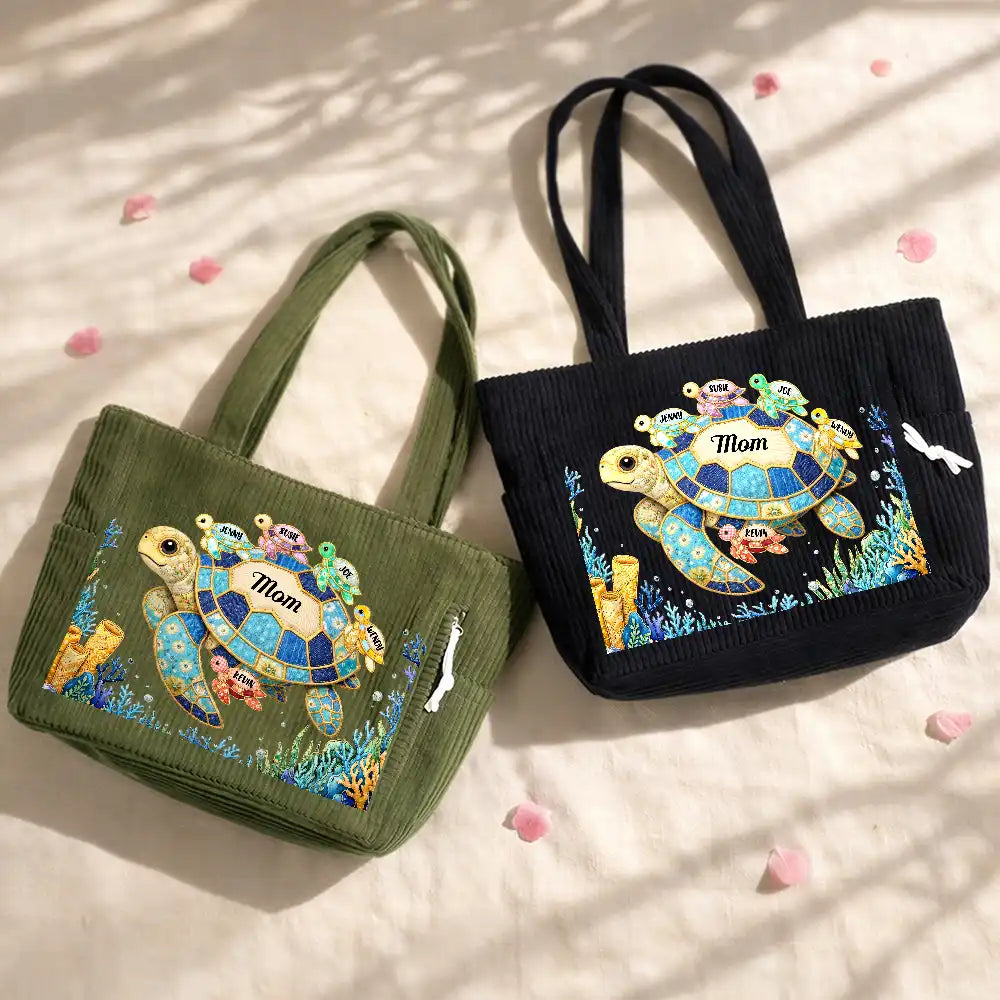 Happy,Gift For Wife,Gift For Yourself,Gift For Women,Gift For Mother,Gift For Grandma,Icon - Grandma Mom Turtle Faux Patchwork - Personalized Corduroy Tote Bag