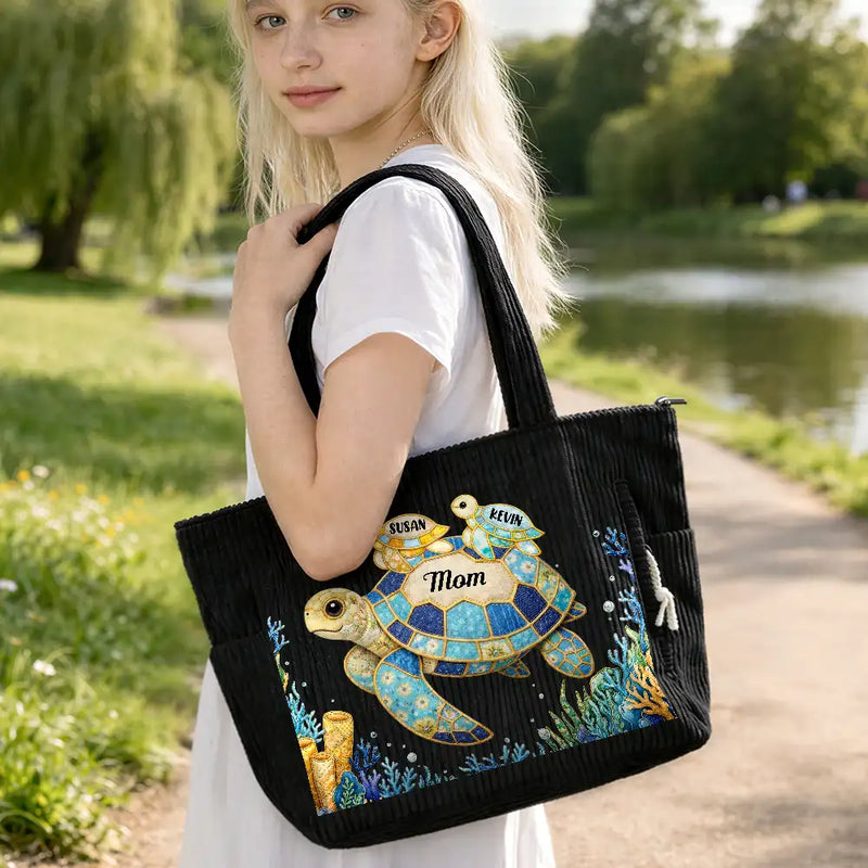 Happy,Gift For Wife,Gift For Yourself,Gift For Women,Gift For Mother,Gift For Grandma,Icon - Grandma Mom Turtle Faux Patchwork - Personalized Corduroy Tote Bag