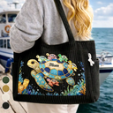 Happy,Gift For Wife,Gift For Yourself,Gift For Women,Gift For Mother,Gift For Grandma,Icon - Grandma Mom Turtle Faux Patchwork - Personalized Corduroy Tote Bag