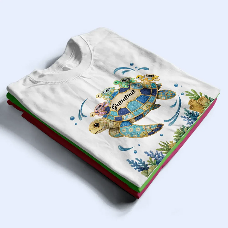 Happy,Gift For Wife,Gift For Yourself,Gift For Women,Gift For Mother,Gift For Grandma - Grandma Mom Turtle Faux Patchwork - Personalized T Shirt