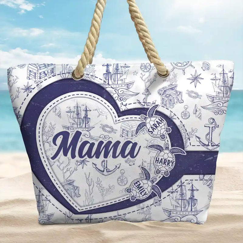 Gift For Grandma, Grandma - Grandkids, Beach - Grandma Mom Turtle Heart Toile - Personalized Beach Bag