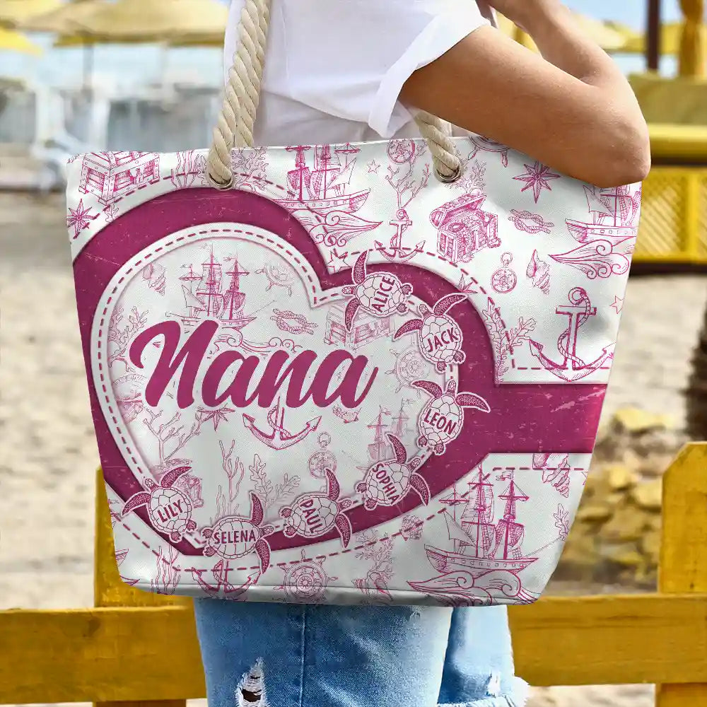 Gift For Grandma, Grandma - Grandkids, Beach - Grandma Mom Turtle Heart Toile - Personalized Beach Bag