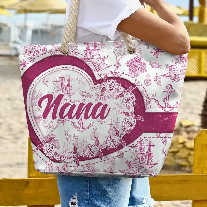 Gift For Grandma, Grandma - Grandkids, Beach - Grandma Mom Turtle Heart Toile - Personalized Beach Bag