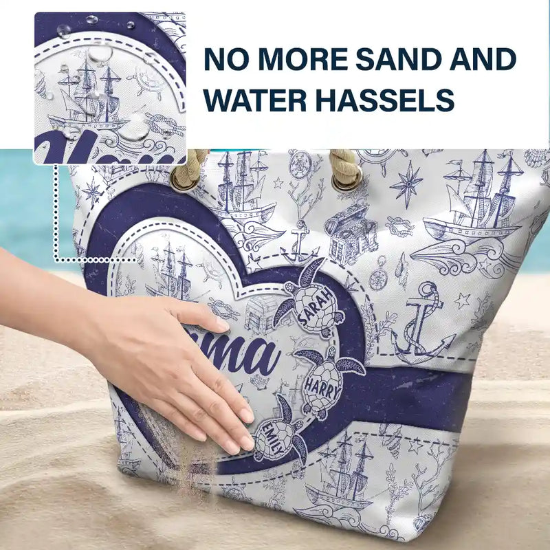 Gift For Grandma, Grandma - Grandkids, Beach - Grandma Mom Turtle Heart Toile - Personalized Beach Bag