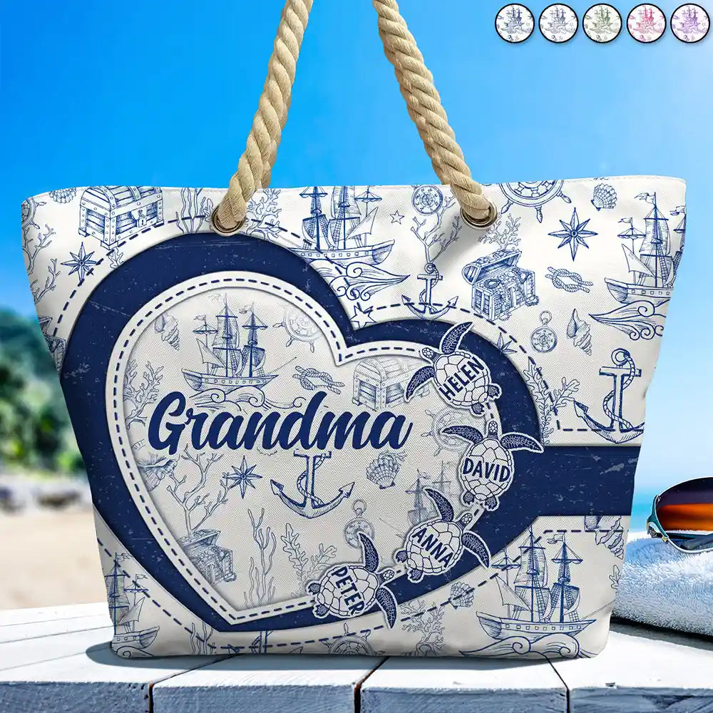 Grandma Mom Turtle Heart Toile - Personalized Beach Bag