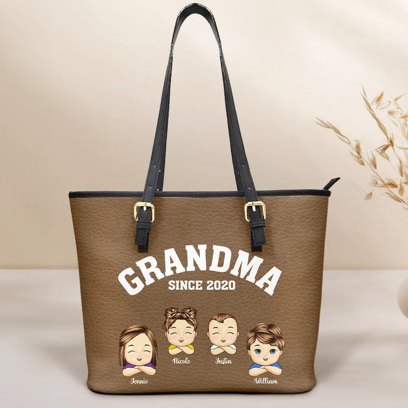 Gift For Mother, Gift For Grandma, Grandma - Grandkids, Happy - Grandma Mommy Since - Personalized Leather Tote Bag