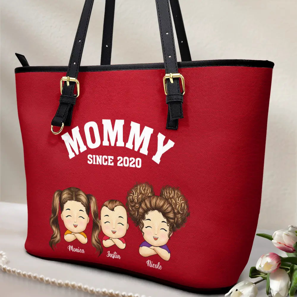 Gift For Mother, Gift For Grandma, Grandma - Grandkids, Happy - Grandma Mommy Since - Personalized Leather Tote Bag