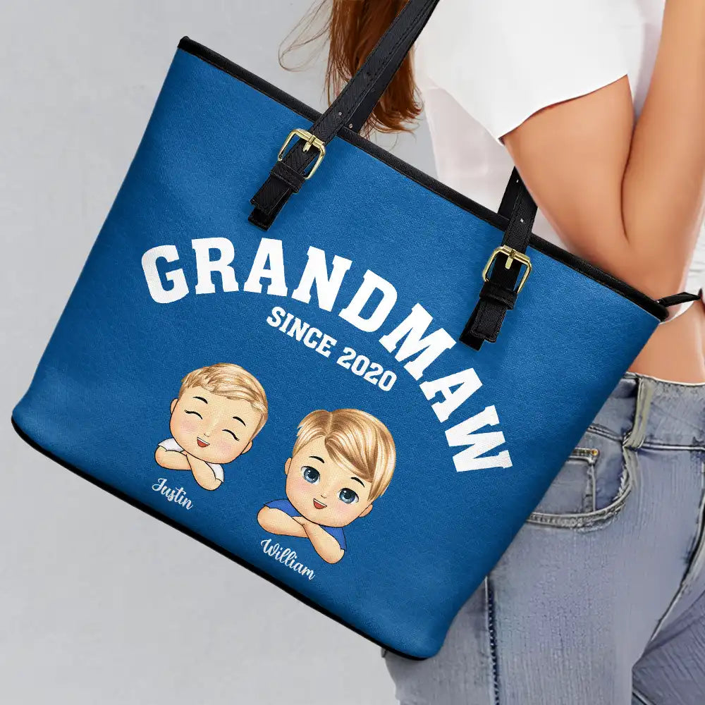 Gift For Mother, Gift For Grandma, Grandma - Grandkids, Happy - Grandma Mommy Since - Personalized Leather Tote Bag