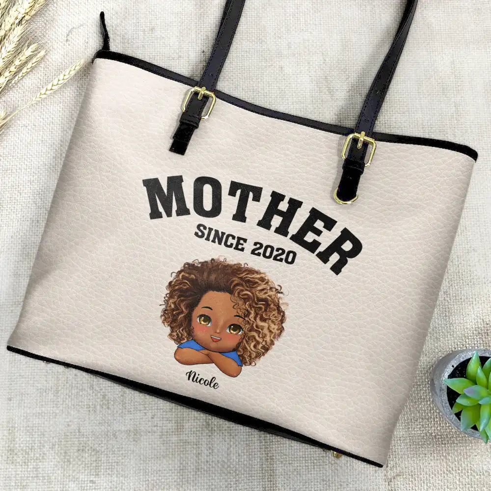 Gift For Mother, Gift For Grandma, Grandma - Grandkids, Happy - Grandma Mommy Since - Personalized Leather Tote Bag