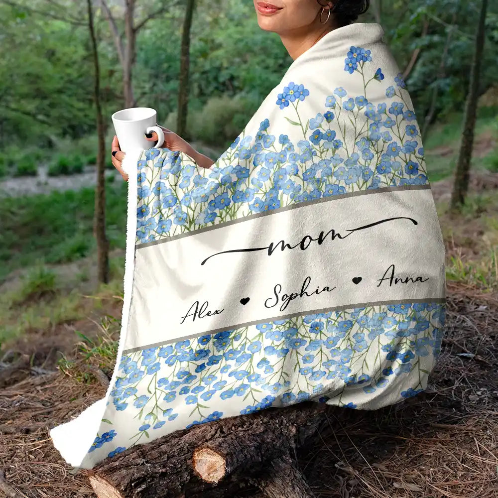 Gift For Grandma,Gift For Mother,Love,Happy - Grandma Mum Birth Flower Watercolor Blooming In Love - Personalized Fleece Blanket, Sherpa Blanket