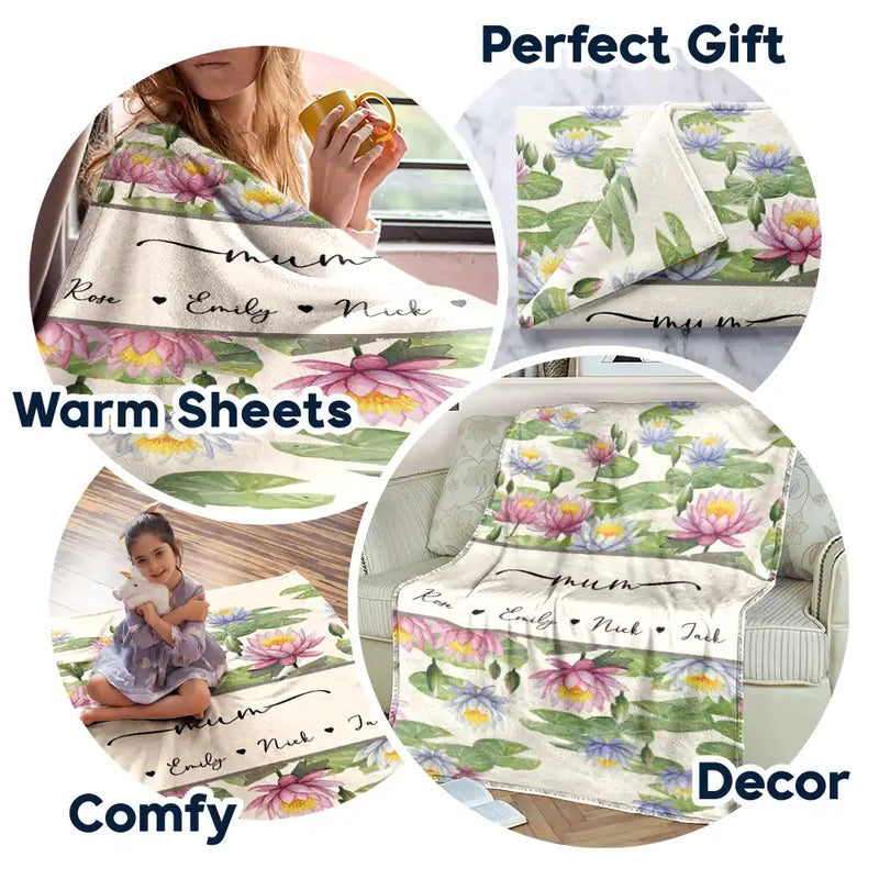 Gift For Grandma,Gift For Mother,Love,Happy - Grandma Mum Birth Flower Watercolor Blooming In Love - Personalized Fleece Blanket, Sherpa Blanket