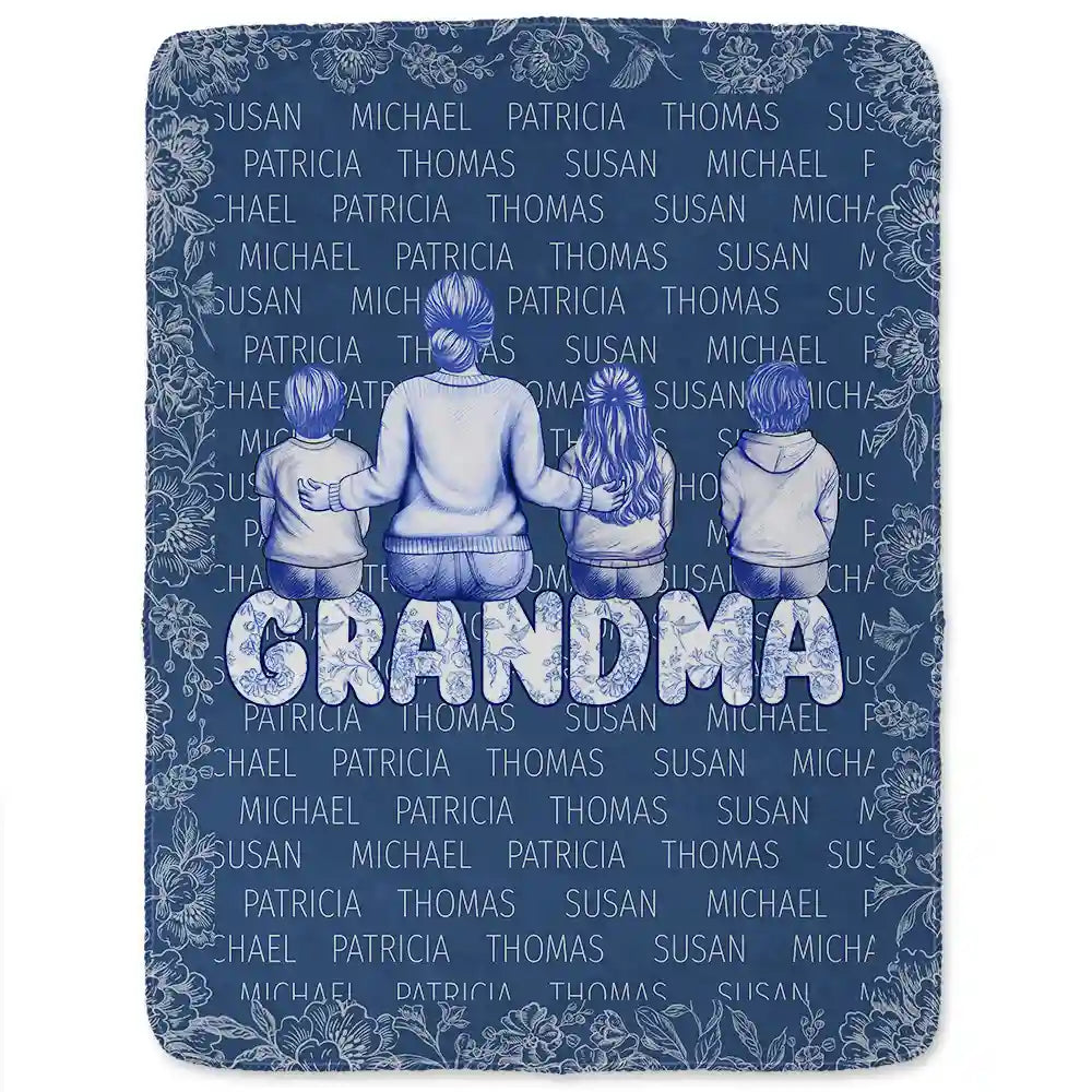 Gift For Grandma,Gift For Mother,Love - Grandma Nana Toile Back View Family - Personalized Fleece Blanket, Sherpa Blanket