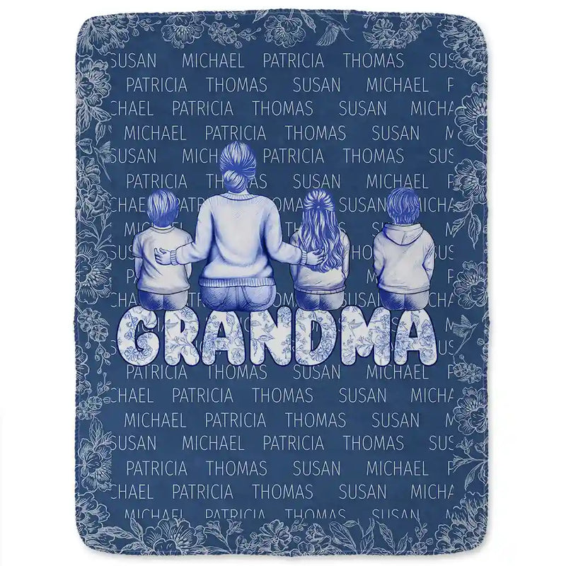 Gift For Grandma,Gift For Mother,Love - Grandma Nana Toile Back View Family - Personalized Fleece Blanket, Sherpa Blanket