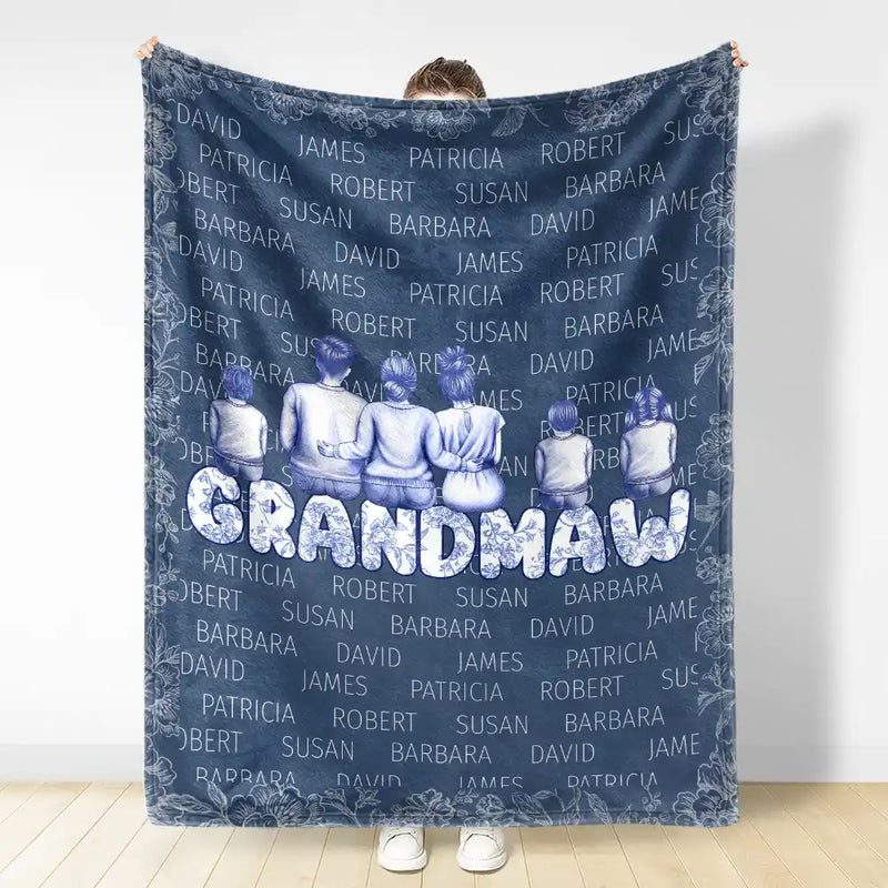 Gift For Grandma,Gift For Mother,Love - Grandma Nana Toile Back View Family - Personalized Fleece Blanket, Sherpa Blanket